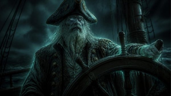 O Capitão Tormenta, um fantasma de barbas brancas, ao leme do navio.