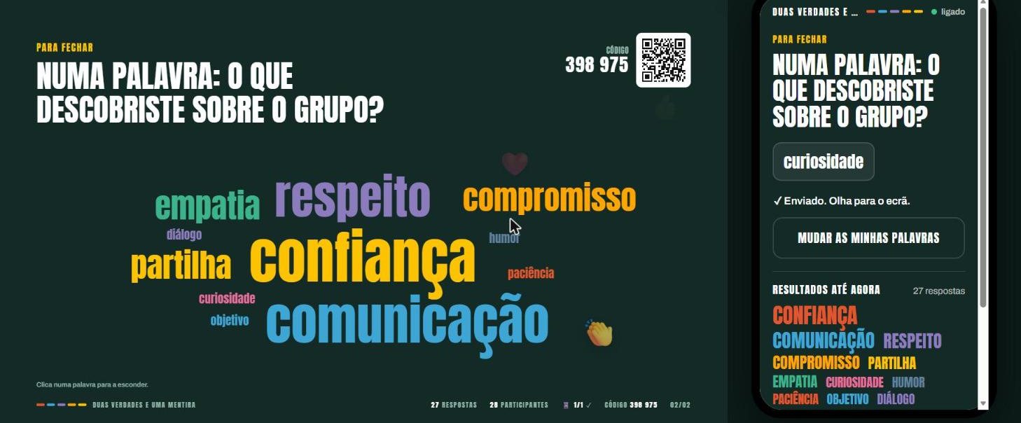 Uma nuvem de palavras no ecrã e, ao lado, o telemóvel de um participante com a palavra que enviou.