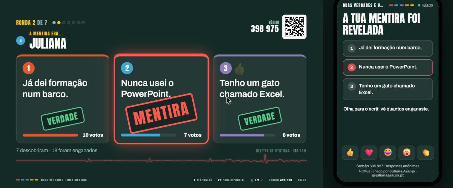 O NEXus no ecrã: as três frases de uma pessoa, uma delas carimbada como mentira, e um telemóvel ao lado com a mesma revelação.